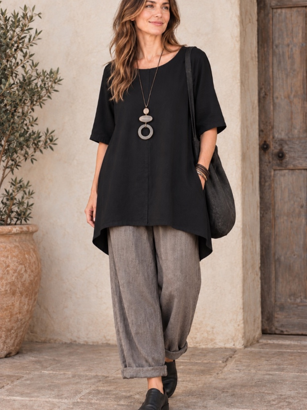 Bryn Walker 100% LINEN tunic S black hi/low laganlook coastal preppy minimal